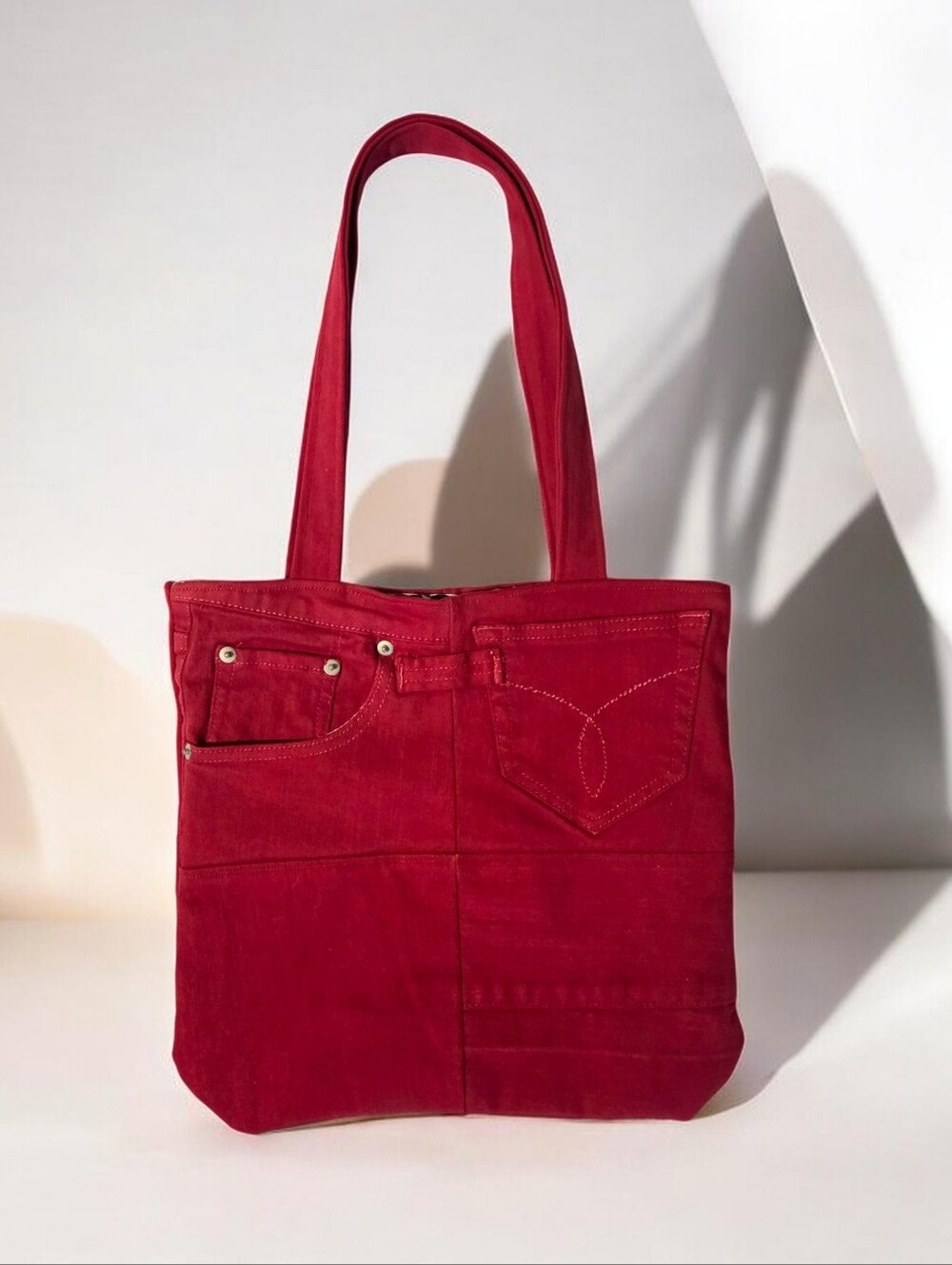 Upcycled Red Denim Tote Bag